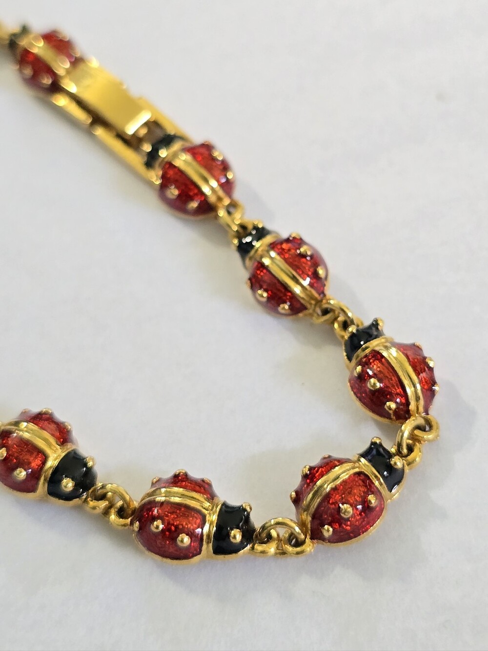 Vintage Lady Bug Enamel Tennis Bracelet Red And Gold Bug Link